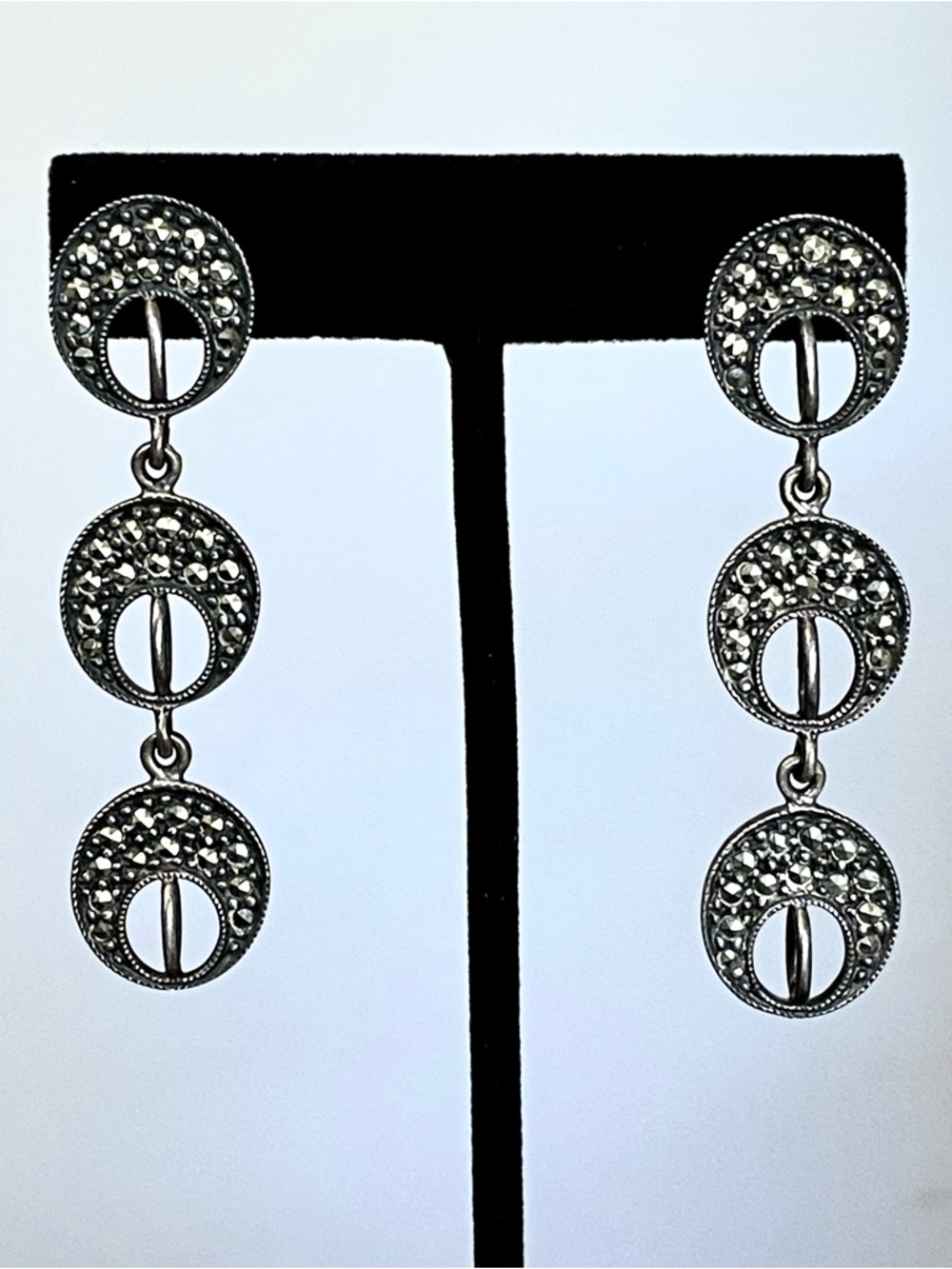 Judith Jack 925 Sterling Silver Marcasite Drop Earrings Vintage Art Deco 2.25”